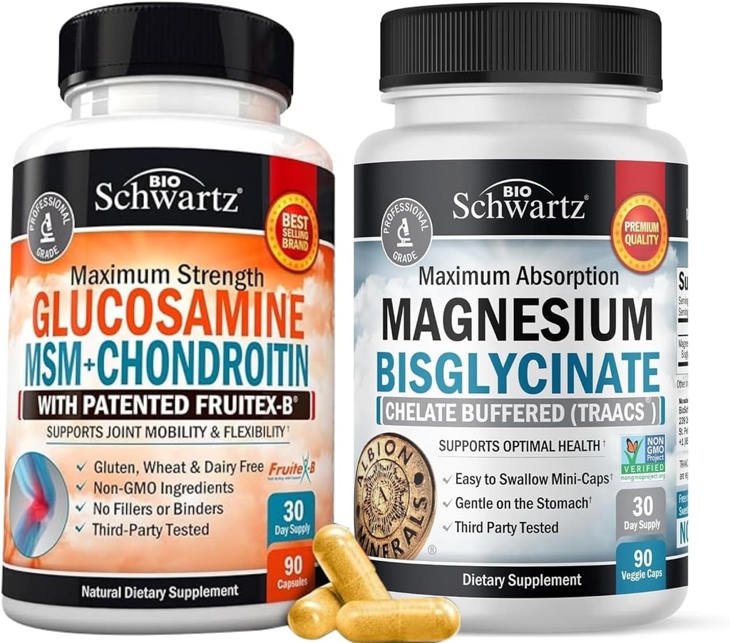 Wysoka absorpcja Magnezu Bisglicynian Kapsułki (1 Miesiąc Dostawy) Plus Glukozamina Chondroitin MSM Potrójny Support Supplement (1 Miesiąc Dostawy)
