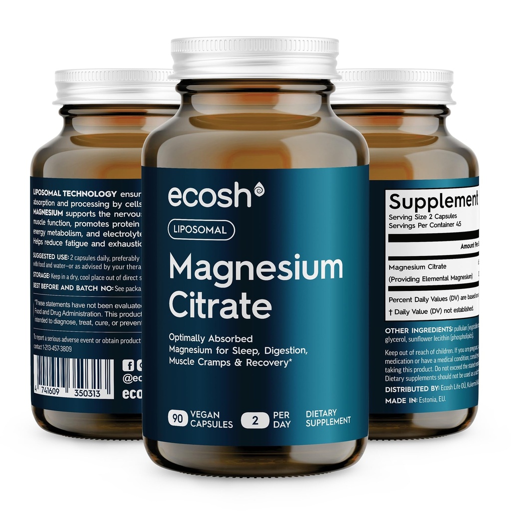 Liposomal Magnezu Citrate Kapsułki - Wysoka Absorpcja Magnezu Suplement do Zaparcia, Sleep, Skurcze mięśni i Odzyskiwania124; Wysoka moc Mg Kapsułki 124; Łatwość Połknięcia Kapsułki Veg 124; Nie-GMO