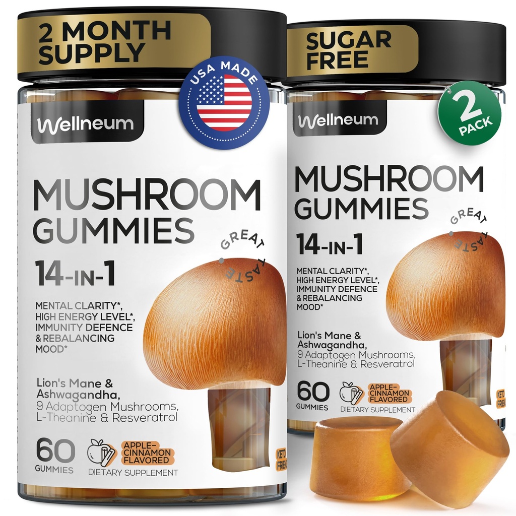 Grzyby Gummies 5000 Mg 120 Pcs (2 Pack) - grzyba Lwa i 9 grzybów Adaptogenetic Mieszanka - Ashwagandha, L- Theanine - Gumownia Gummies for Energy, Immunitety, Focus, Boost mózgu - No Sugar i GMO