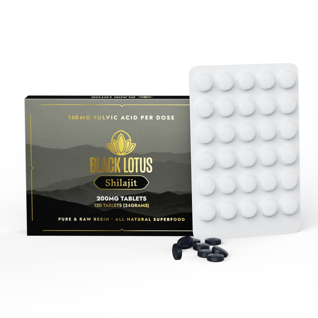 Black Lotus Shilajit Resin Tablets, 120 Count, 200mg Each, 100% Pure Natural Shilajit for Men & Women with Amino Acids, 140mg Fulvic Acid, 85 Ionic Trace Minerals, for Immune Support, Focus, Energy