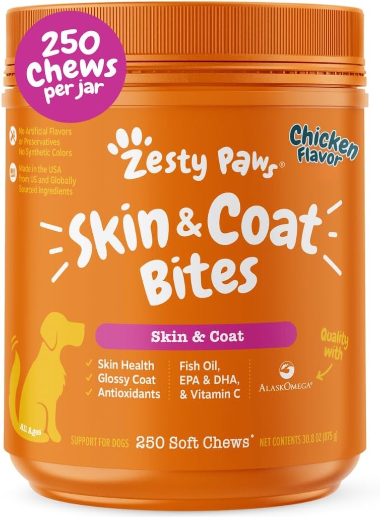 Zesty Paws Omega 3 Fish Oil for Dogs - Zesty Paw Dog Vitamin i suplementy dla Hip, Joint & Skin, Chicken (250 Chews)