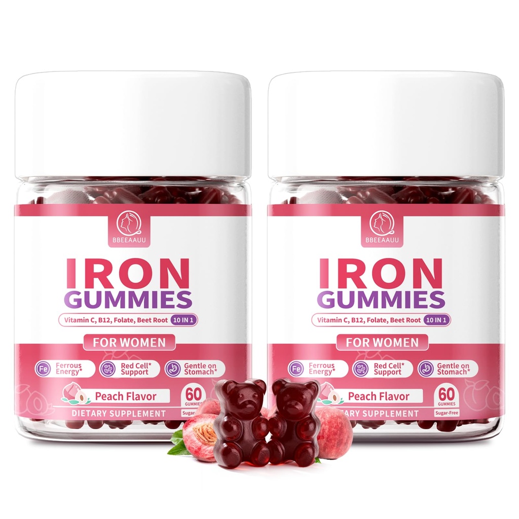Iron Gummies for Women - Heme Iron for Max Absorption & Gentle on Stomach, 10-in-1 with Vitamin C, B12, Folate, Supports Energy, Focus & Red Blood* Cell* Wellness, Peach Flavor, 60 Counts (2 Pack)