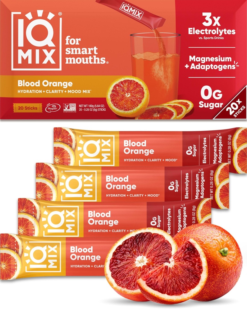 IQMIX Hydration Electrolyte Powder - 4- in-1 Formuła do Hydration, Mental Clarity, Mood and Recovery - Sugar- Free Drink Mix, Keto, Magnezu L- Threonate, Lwie 's Mane - 20 Count Blood Orange
