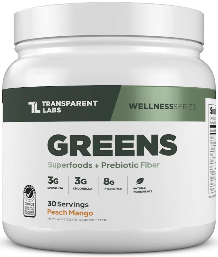 Przezroczyste Labs Prebiotyczne Zielone - Superfood Proszek i przeciwutleniacze Suplement z Spirulina organiczna, Chloerra, Acacia, & Zielony Banana Proszek - 30 Słupki, Peach Mango