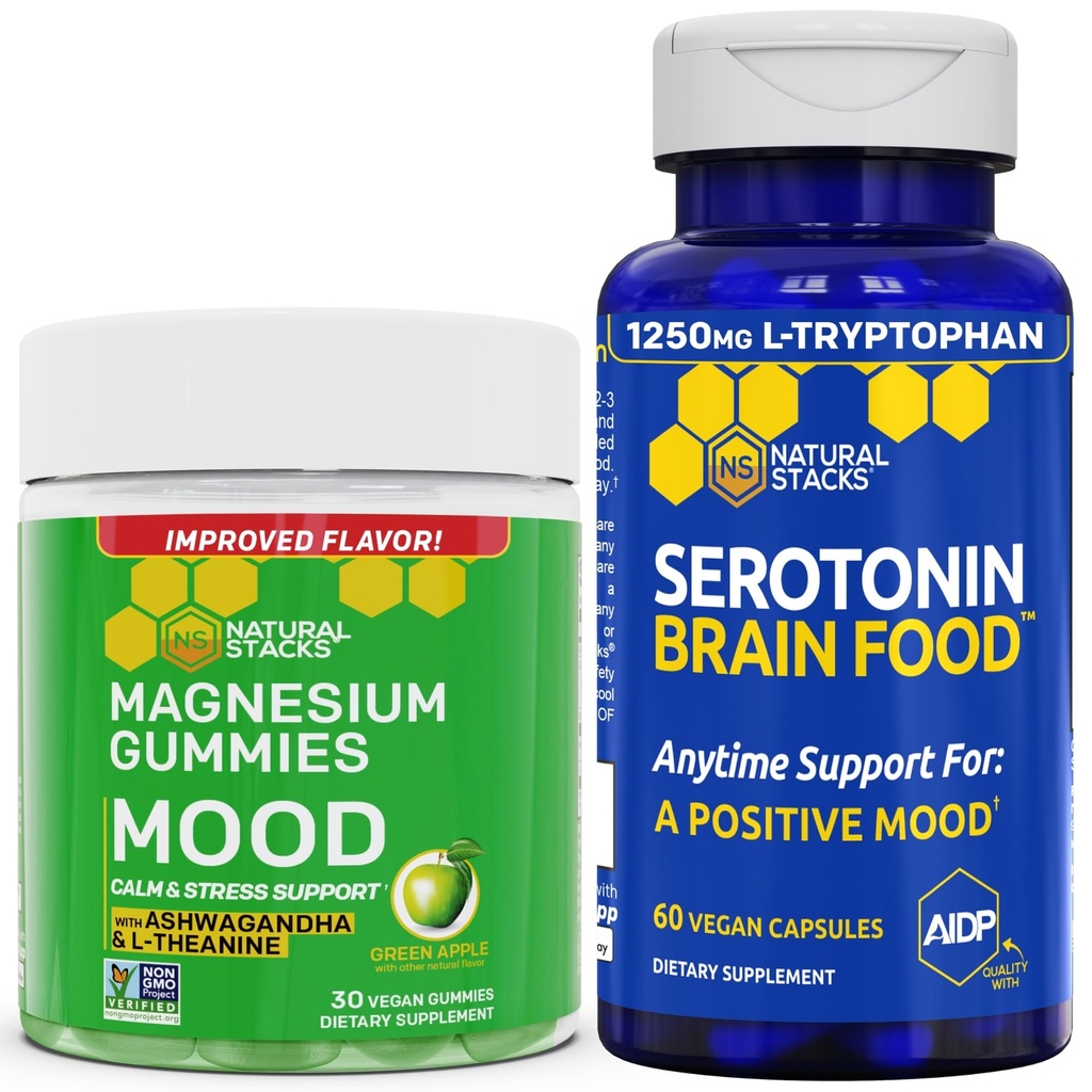 NATURAL STACKS Mood Magnezu Citrate Gummies + Serotonin Mózg Food Bundle - Pozytywne wsparcie nastroju i stresu - 90 Kawałki