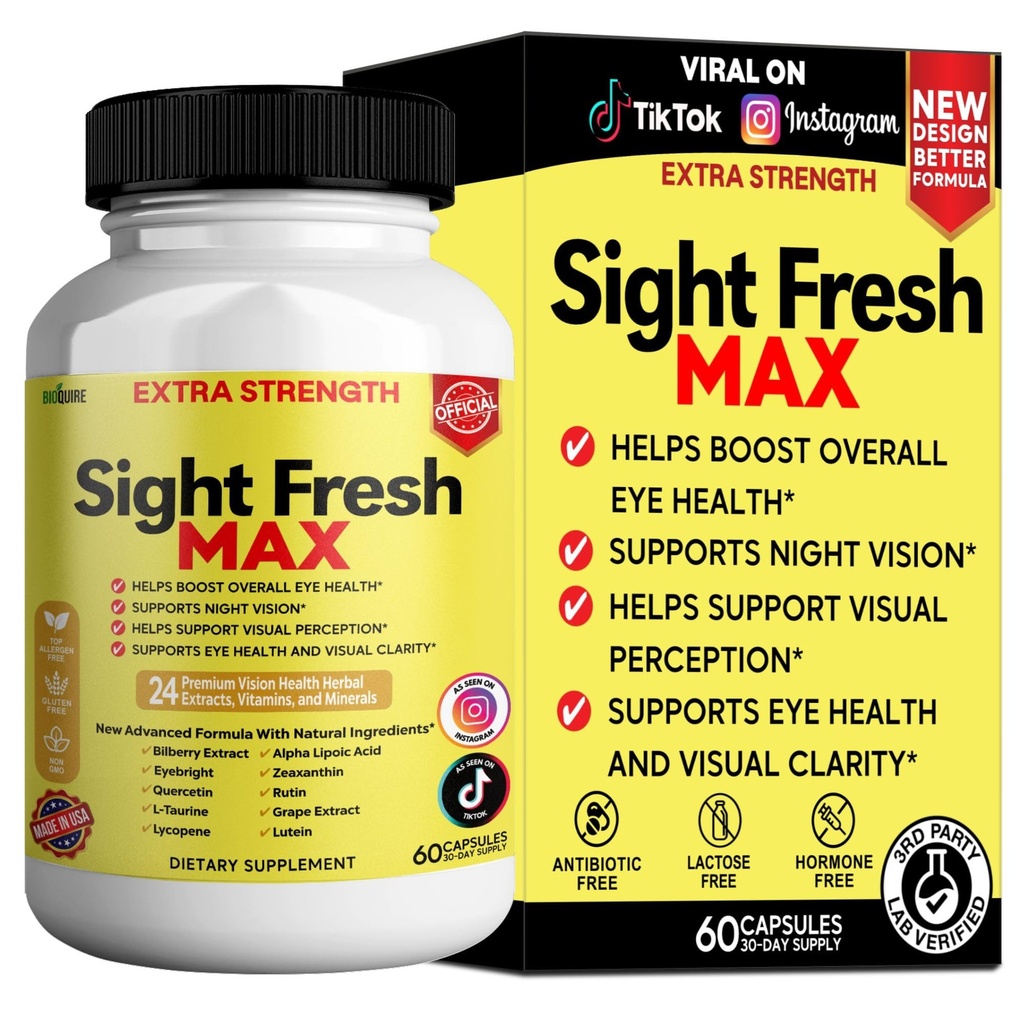 Sight Fresh MAX Vision Support Supplement, 60 Capsules, Extra Strength Eye Health Formula with Bilberry, Lutein, Vitamins, 30 Day Supply (1)