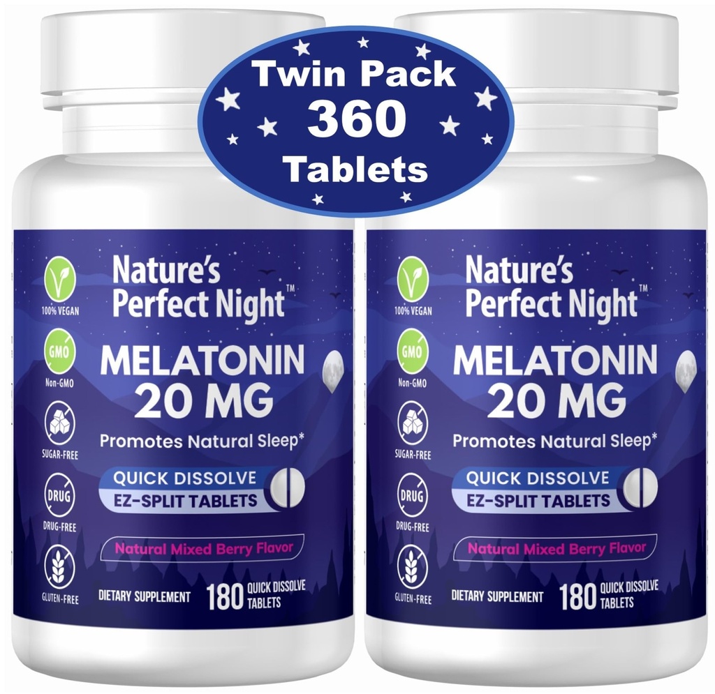 Nature 's Perfect Night Agregates 124; Melatonin 20mg Agregat 124; 180 Quick Disposible Tablets, 2-Pack Agregat 124; Natural Mixed Berry Flavor Agregat 124; High Potency Agregates 124; Sugar Free Agregates 124; Vegan Agregat 124; Gluten Free Agregat 124; 2 Count