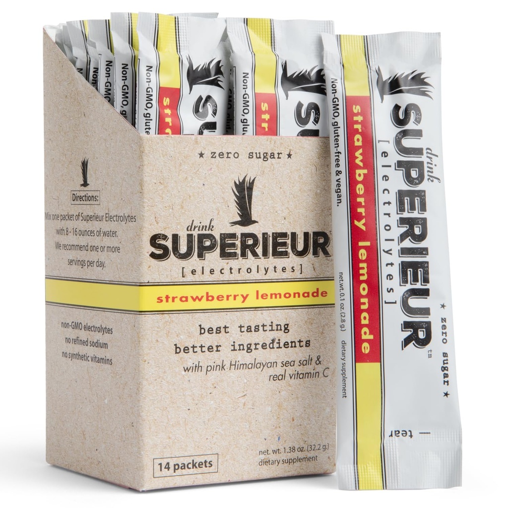 Superior Electrolyte Powder Pakiety - Wegan Electrolyte Hydration Proszek w / Mineral- Keto Friendly, Nie-GMO, Zero Sugar Electrolyte Suplement - Zdrowe Sporty Drink-Truskawka Lemoniada (14 Pakiety)