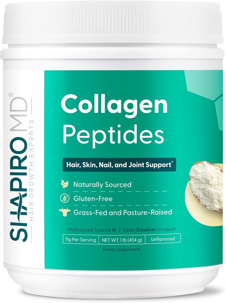 Shapiro MD Hair Growth Experts Collagen Peptydes Powder, Collagen Powder Supplement for Hair, Skin, Nails and Joint Support, I & III Hydrolizowane Collagen dla łatwej absorpcji, 11g Collagen - 16 oz.