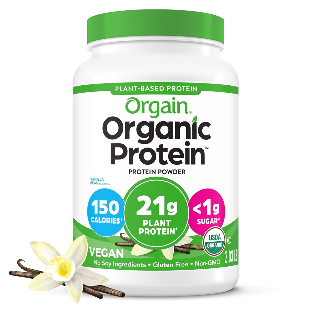 Orgain Organic Vegan Protein Powder, Wanilia Fasola - 21g Białko roślin, 6g włókno prebiotyczne, Brak składników laktozy, Nie dodano cukru, Nie-GMO, Dla shakes & Smoothies, 2.03 lb (Packaging May Vary)