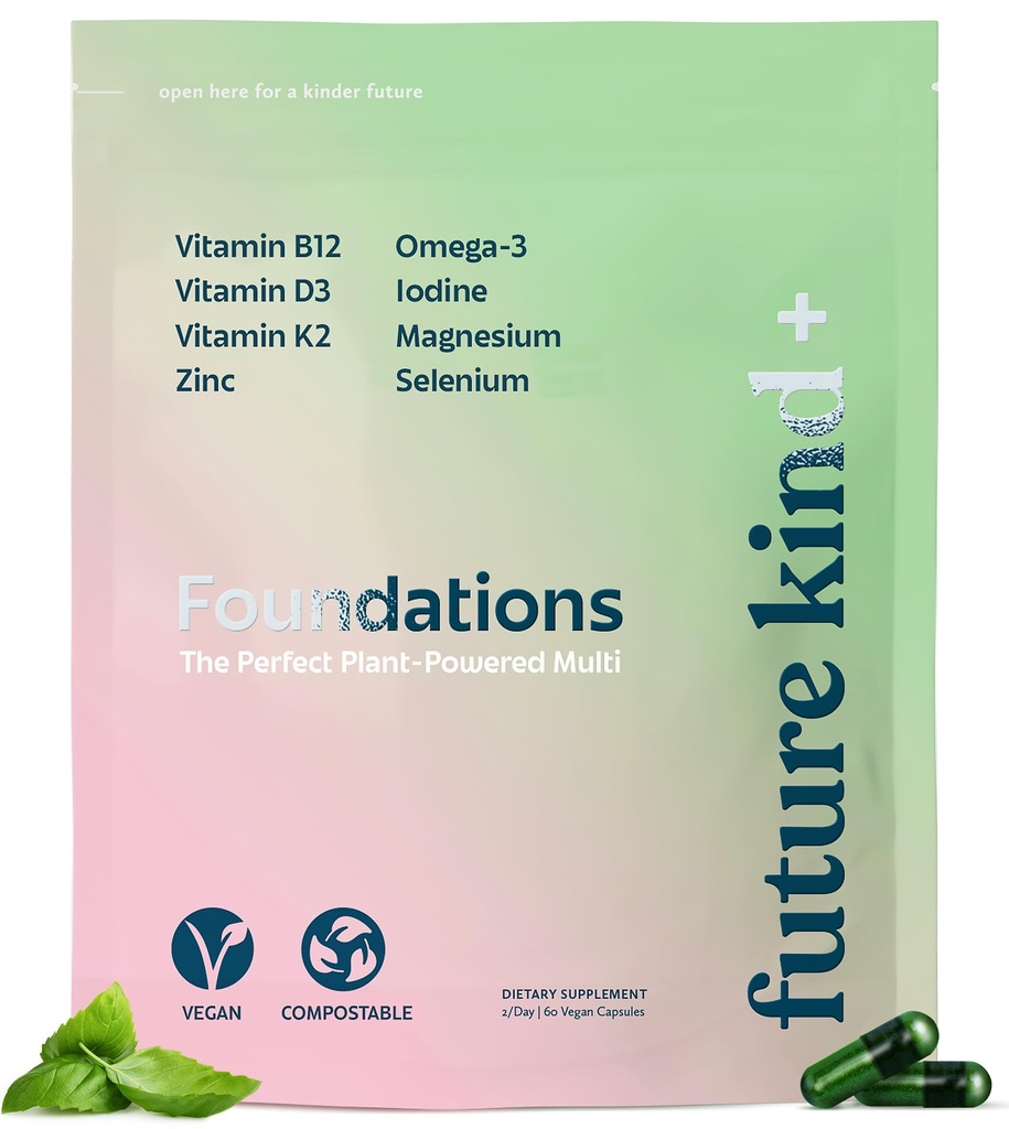 Future Kind Carrageenan- Free Foundations Multivitamin for Women & Men with Omega-3, B12, D3, Cynk, Jod, Magnez, K2 & Selenium, Wegan, Bag Kompostowalny (60ct)
