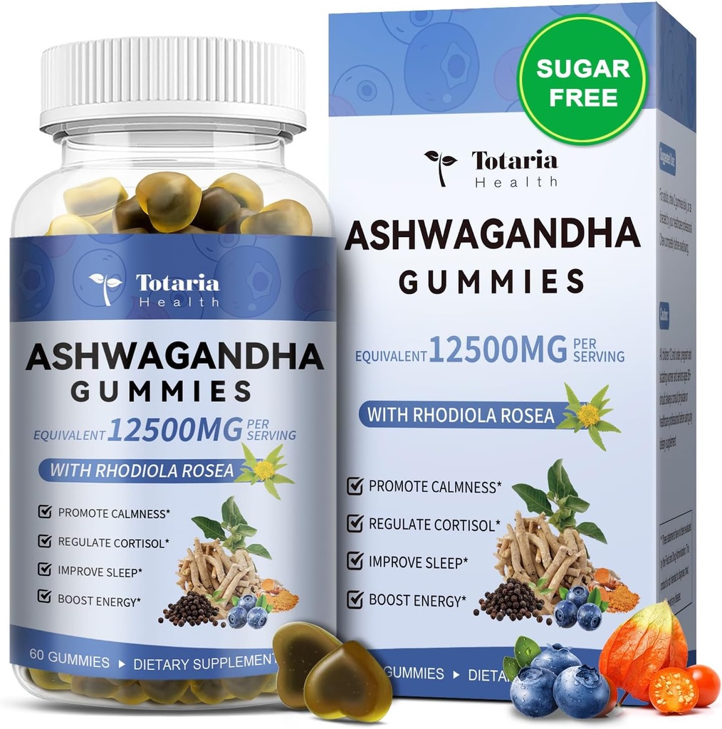 Totaria Sugar Free Ashwagandha Napełnione Gummies 2500mg w / Witamina D3, Glicynian magnezu, Rhodiola, Ultra Siła Ashwa Korzeń Suplementy dla Kobiet & Wen, do relaksacji, Energia, Blueberry Flavor