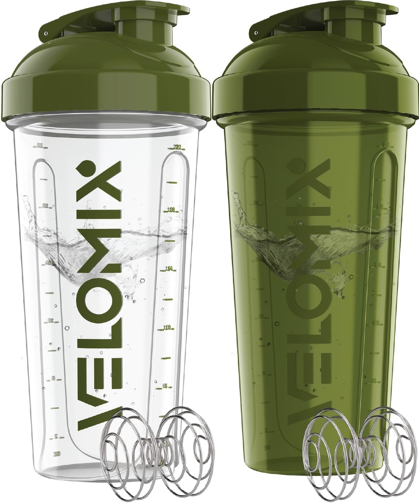 VELOMIX -2 Pack- 28 oz Protein Shaker Bottles for Protein Mixes - 2x Wire Whisk | Leak Proof Shaker Cups for Protein Shakes and Pre Workout | Protein Shaker Bottle Pack (Forest Green)