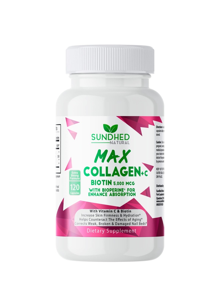 Sundhed Max Collagen Plus C - All Natural Collagen with Biotin & Bioperine to Boost Anti Aging Hydration & Skin Firmness - Wzmocnienie kości i paznokci (Kapsułki 2- Miesiąc) (120 Count)