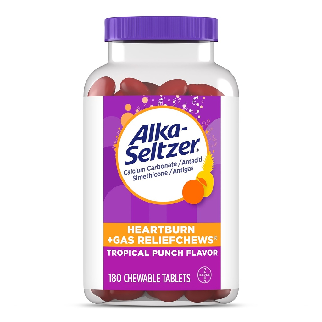 Alka- Seltzer Heartburn + Gaz ReliefChews, Antacid + Antigas Chews for Fast Heartburn Relief, Gaz i Niestrawność Kwasowa Relief On the Go, 180 Ct