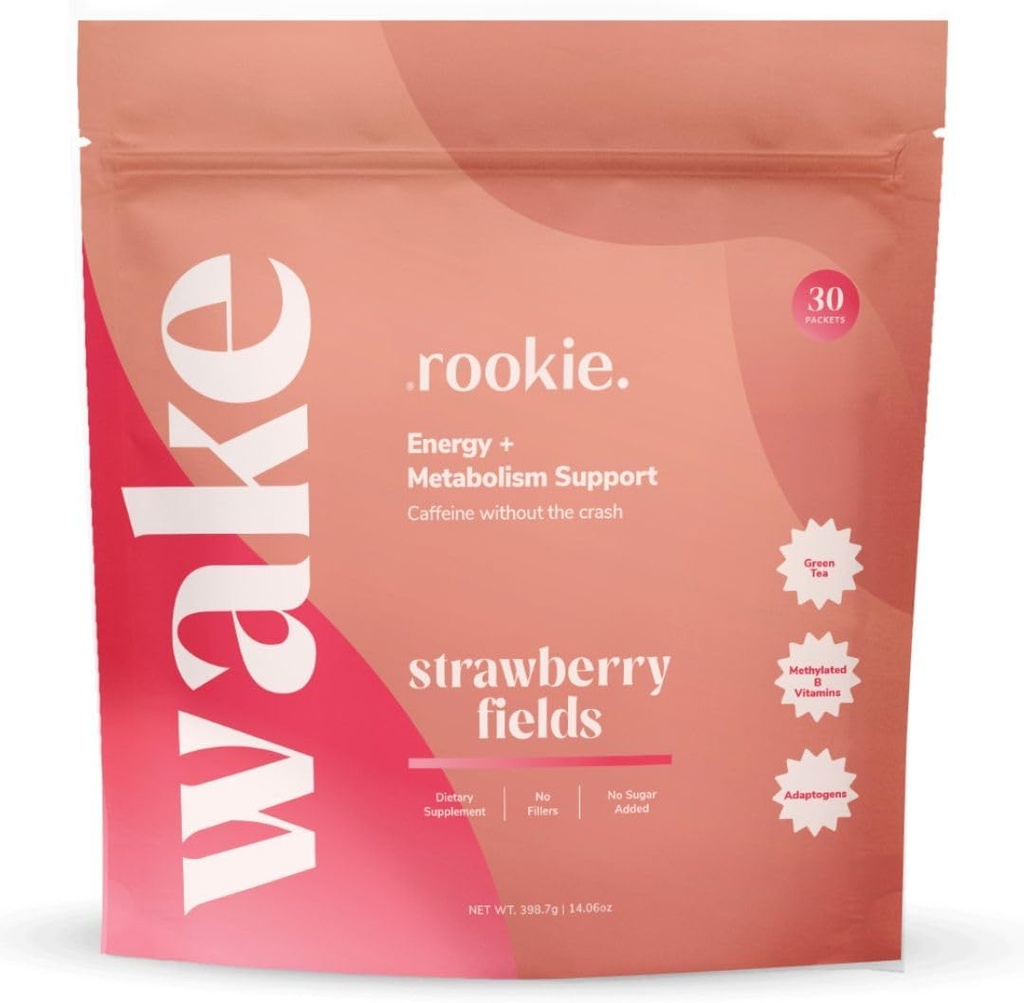 Rookie Wellness Wake - Natural Energy Drink Powder z 125 mg kofeiny z Green Tea Extract, B- Complex Vitamin, Ashwagandha Extract, & Guarana Extract (30 Servings, Strawberry Fields)