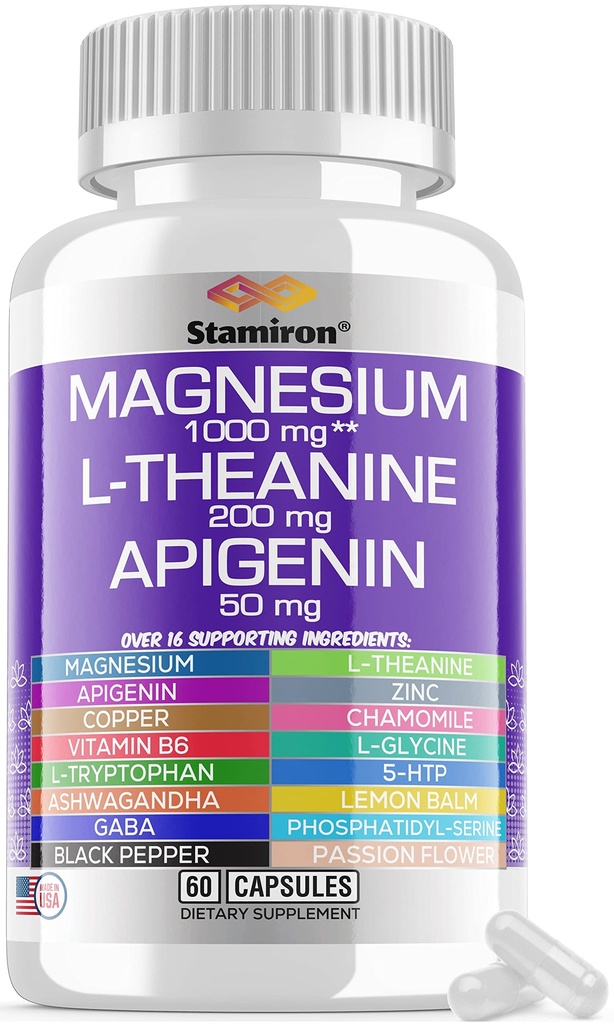 Magnezu Complex 1000mg L Theanine 200mg Apigenin 50mg Suplement z Mag Glycinate Citrate Malate Taurate + Rumianek 5- HTP Kwiat Pasji Lemon Balm B6 Ashwagandha i L Tryptofan - Made in USA