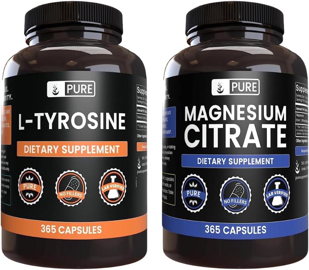 PURE Oryginalne składniki L- Tyrozyna i Cytrynian magnezu Bundle, 365 Kapsułki Każdy, zawsze czysty, Laboratorium zweryfikowane