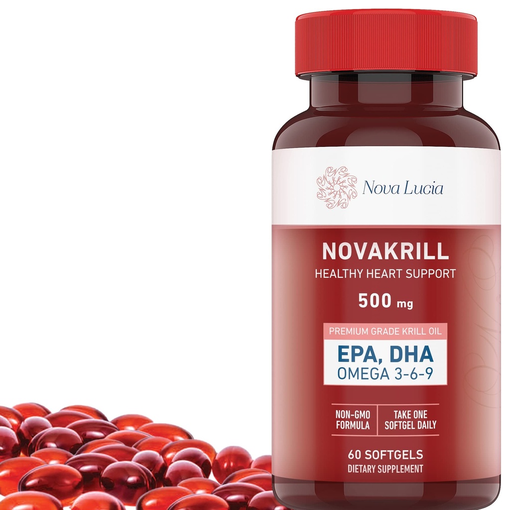NovaKrill Krill Oil Omega 3 Suplement - 1000mg Softgels with EPA, DHA, Astaksantyna - No Fishy Aftersmast - Easy to Swallow Antarctic Krill Oil - 60 Kapsułki płynne