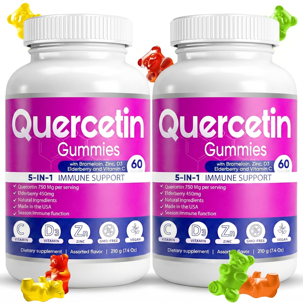(2 Pack) Quercetin Gummies by BioVitalica - Quercetin with Bromelain Witamina C and Cynk & Elderberry + Witamina D3- 5 in 1 Immune Support - Cynk Quercetin 750 mg dla dzieci i dorosłych