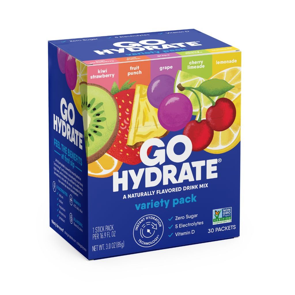 GoHydrate Niskie elektrolity sodu w proszku Pakiety cukru - Natychmiastowa Hydration Codzienny napój Mix - Zero Sugar Water Flavor Packet Singles z witaminą D - (Variety Pack, 30 Packs)