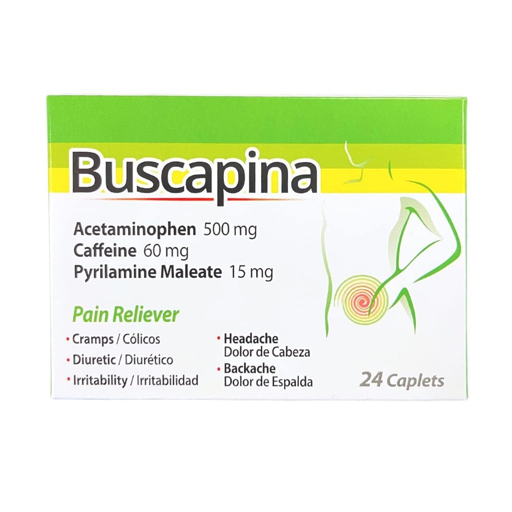 Buscapina Pain Relief Kapsułki - PMS, skurcze, Bóle głowy, wzdęcia, Ból pleców i stawów - dla kobiet i mężczyzn - Pudełko z 24 Kapsułki