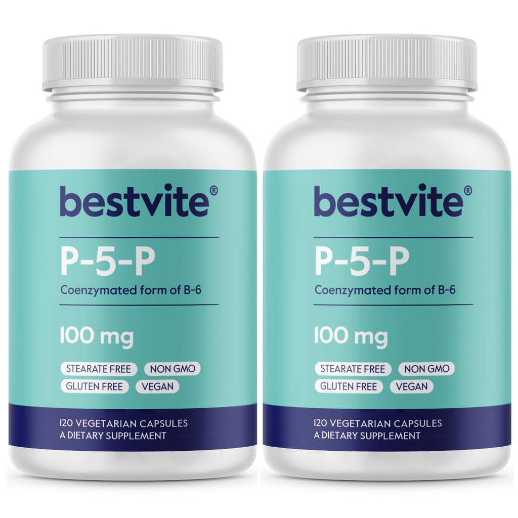 BESTVITE P- 5- P 100mg (240 kapsułki wegetariańskie) (120 x 2) (CoEnzymated Form of B- 6) - No Stearates - Vegan - Non GMO - Gluten Free