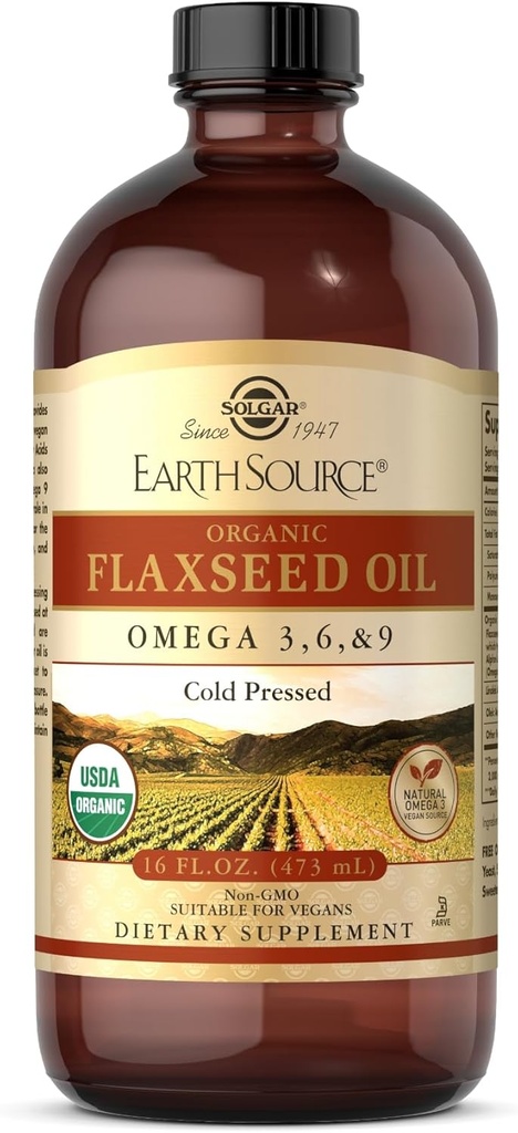 Solgar Earth Source Organic Flaxseed Oil - 16 fl oz - Cold Pressed - Omega 3, 6 & 9 - USDA Organic, Non- GMO, Gluten Free - O 31 Sługi