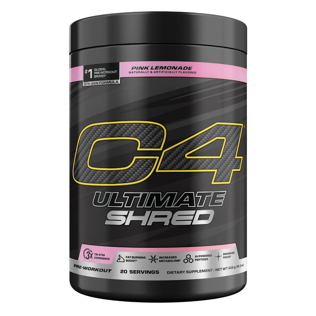 Celucor C4 Ultimate Shred Pre Workout Powder, Suplement Metabolizm z Cayenne Extract + 300 mg Kofeina + TeaCrine + Dynamine - Różowa Lemoniada, 20 Służenie