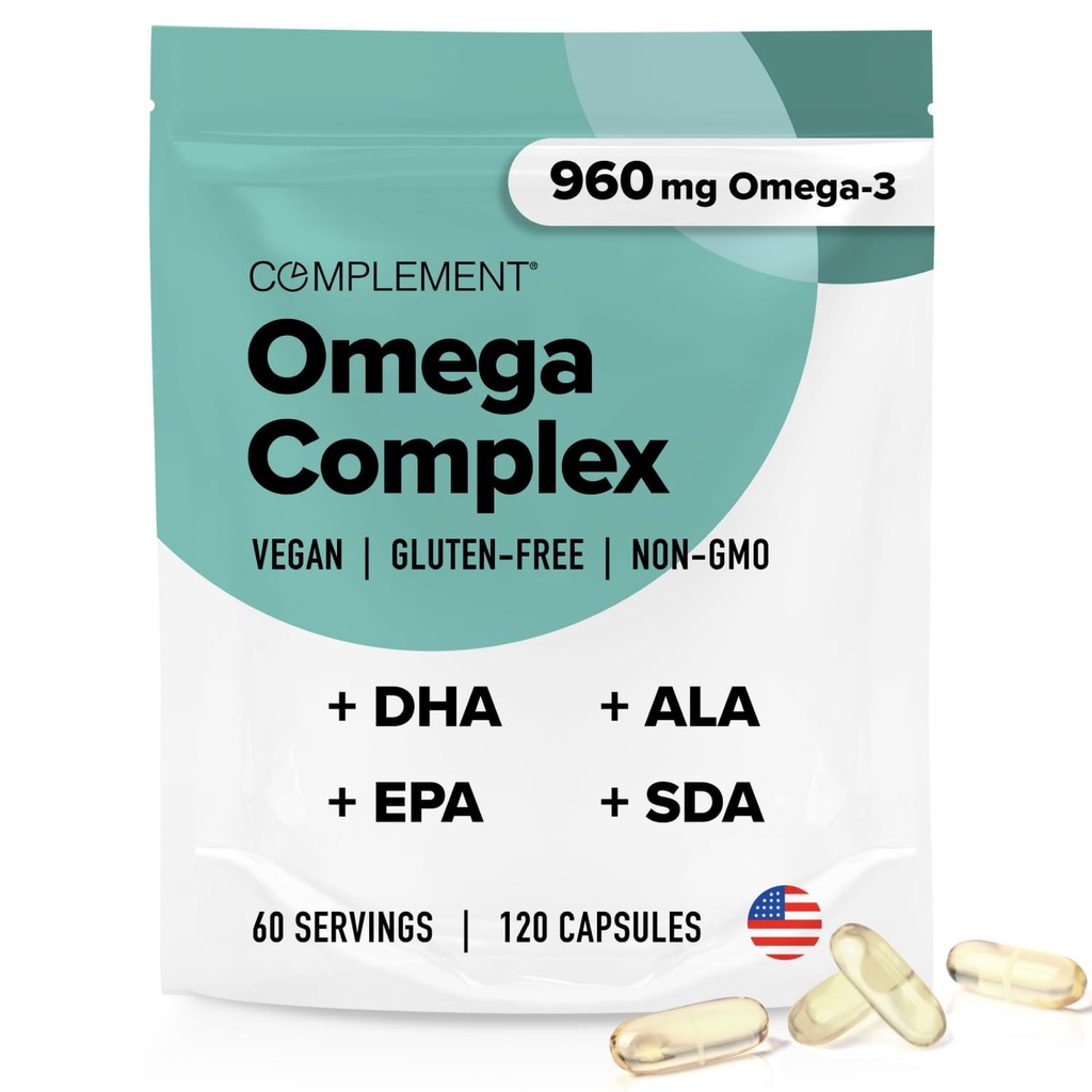 Komplement Vegan Omega 3 Suplement - 960mg Omega-3 Kwasy tłuszczowe, DHA, EPA, SDA, Suplement ALA - Wsparcie immunologiczne - 60 Słupki, 120 Kapsułki płynne