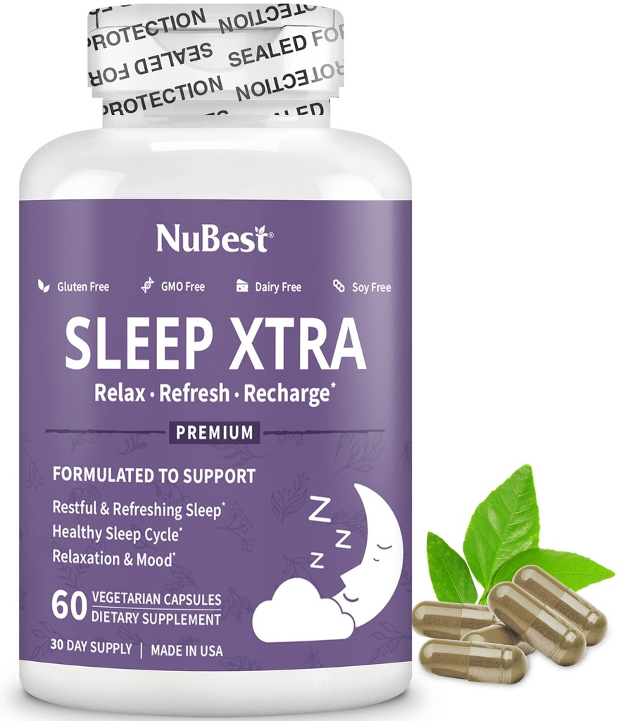 NuBest Sleep Xtra 124; Wspiera zdrowy sen dla dorosłych 124; Witamina B6, Melatonina, Ashwagandha, Rumianek, Valerian & More - Non Habit- Forming 124; 60 Kapsułki Vegan 124; 1 Miesiąc dostaw