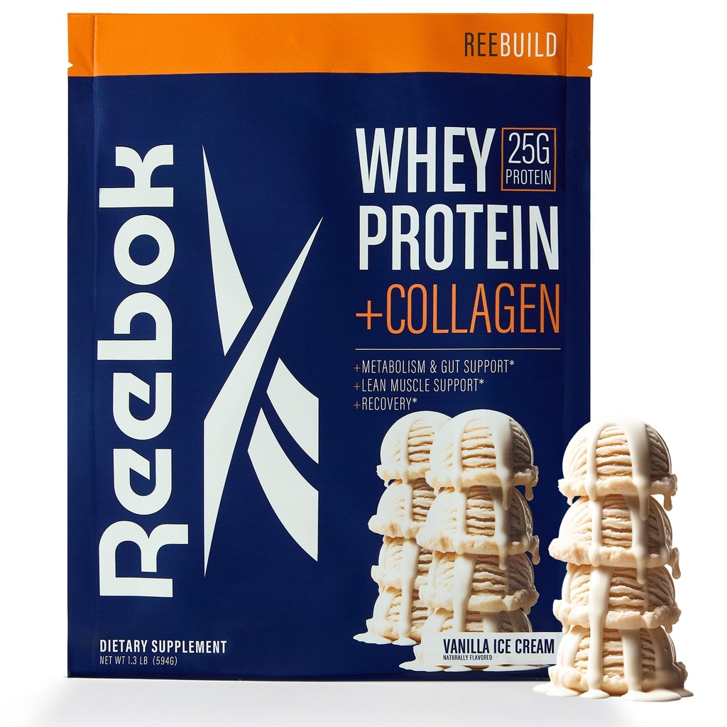 Reebok Whey Protein Powder + Collagen Peptides 124; 25g Protein with 9 Essential Acids Amino 124; Odzysk mięśni, Joint & Gut Support Assistance 124; Informed- Sport Certified Assistance 124; ReeBuild Vanilla Ice Cream Flavor, 1,3 lb