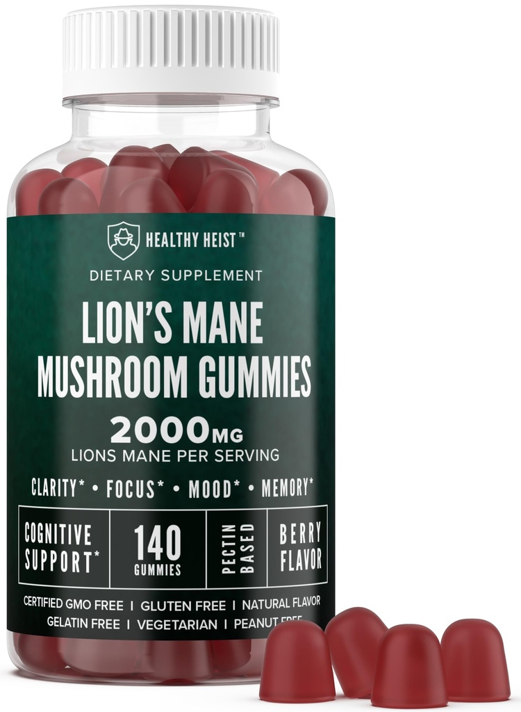 Lions Mane Gummies Mushroom dla dorosłych, 140 Hrabia luzem Lwie Chewables Mane, Wysoka potencja 10: 1 Ekstrakt organiczny wynosi 2000mg, Suplement Wspiera mentalną klarowność, Focus, Mood and Brain Fog