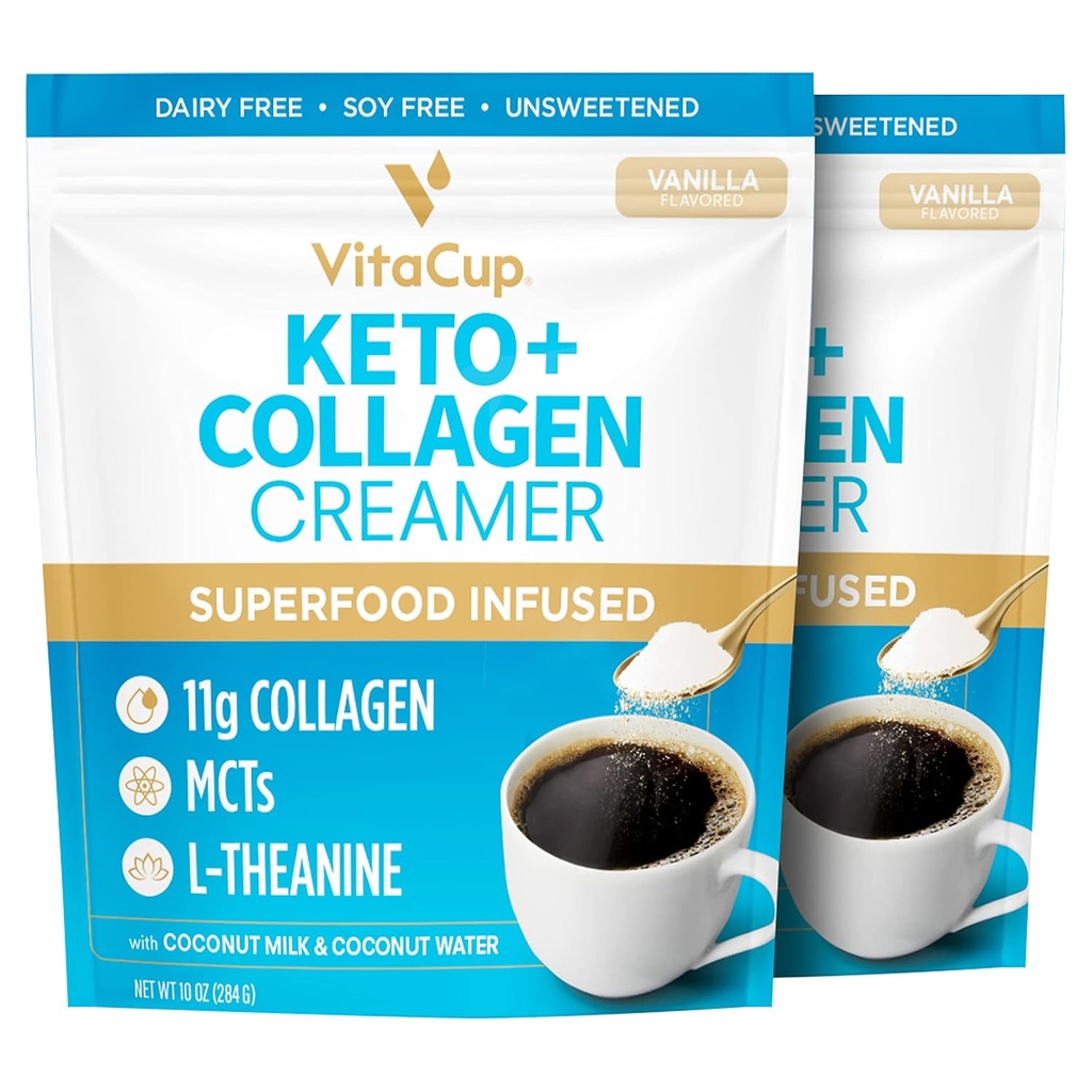 VitaCup Keto + Collagen Coffee Creamer Vanilla Flavor w / MCT, Białko Kolagenowe, Woda kokosowa, L- Theanine dla Keto Diet, Kawa, Smoothies, & Shakes, Dairy- Free, Gluten- Free, Soy- Free, 2 torby, 10oz każdy