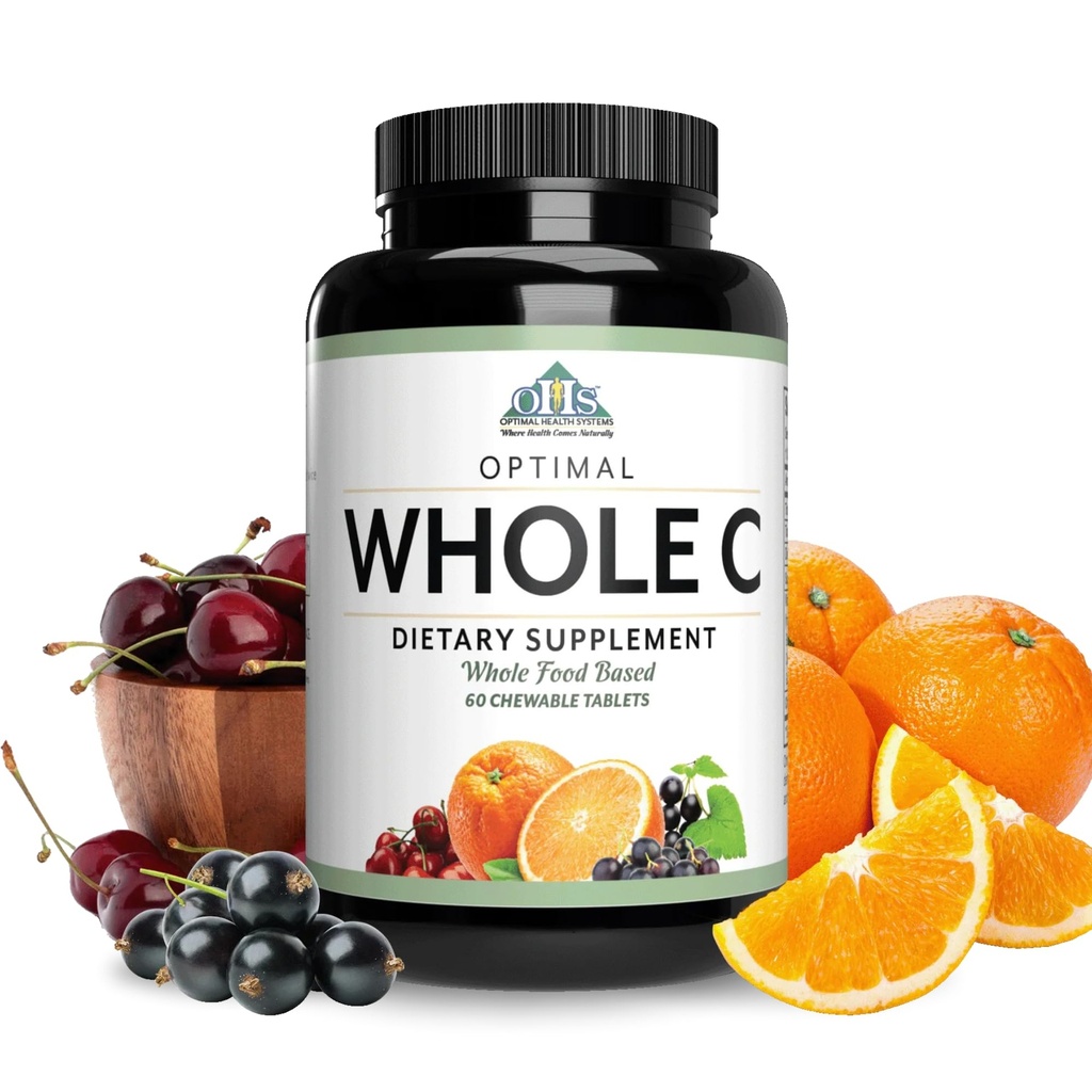 Optimal Health Systems Whole C Chewable Agregable 124; Pothent Witamina C z Whole Foods Acerola Cherry, Orange Fruit, & Black Porzeczka + Bioflavenoids 124; 60 Tabletki