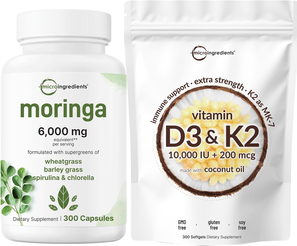 Micro Składniki Witamina D3 10,000iu + K2 200mcg Olej kokosowy Softgels & Moringa Oleifera 6,000mg ekwiwalent 300 Kapsułki Bundle 2 Pakiet 124; Esential Sunshine Witaminy 124; Suplement przeciwutleniający