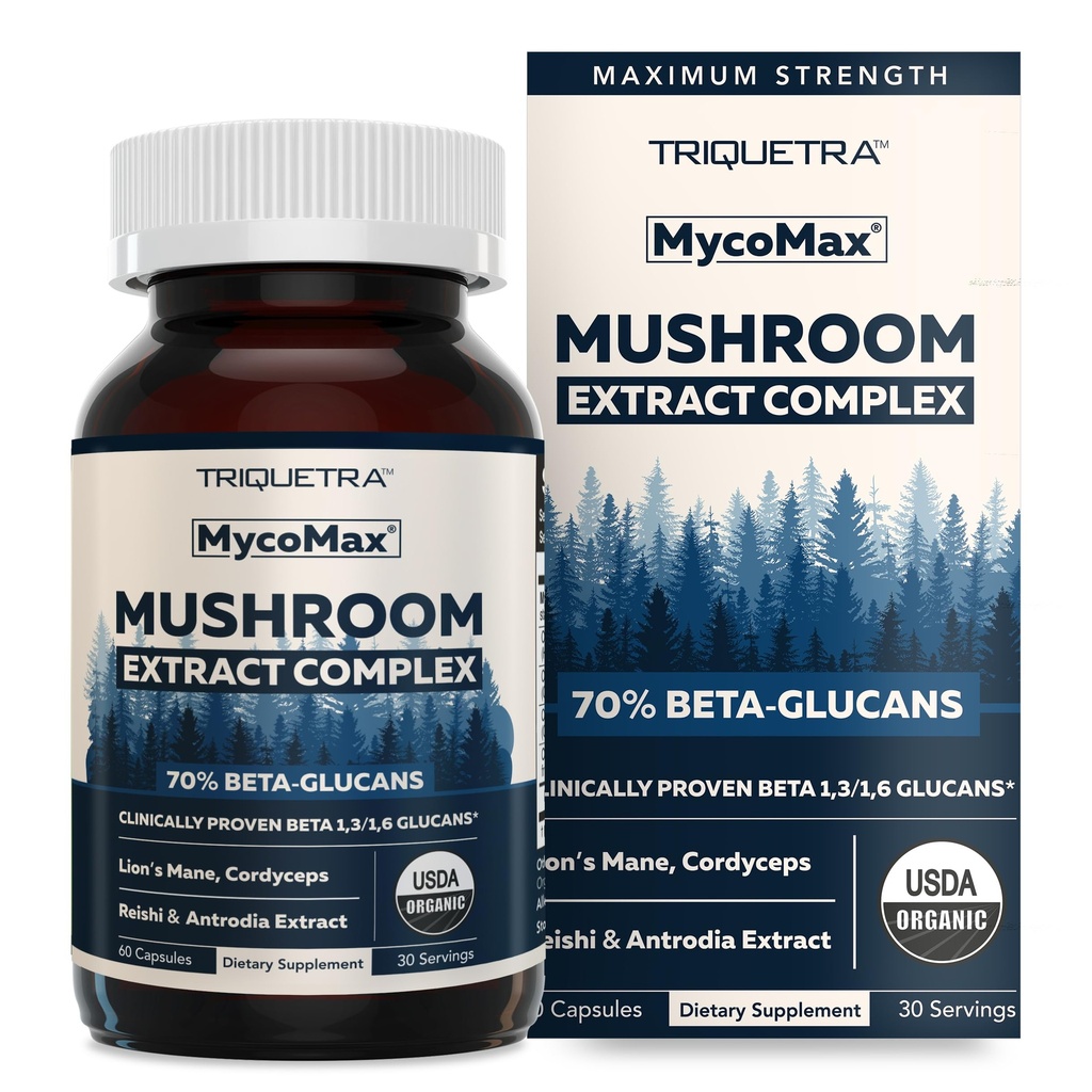 MycoMax Mushroom Complex - 70% Beta Glucans, Max Potency Mushroom Supplement, US Grown + Ultrasonic Extraction - Lions Mane, Cordyceps, Reishi & More - Odporność, Energia - 60 kapsułek