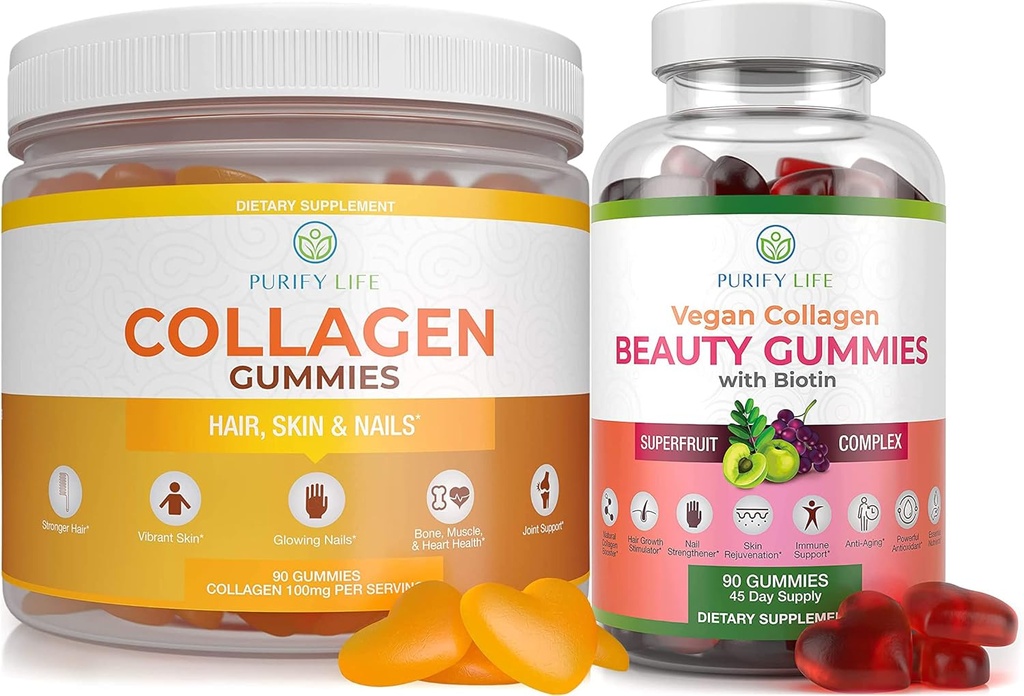 Purify Life Marine Collagen & Wegan Collagen Bundle, Gummies Witaminy do włosów skóry i paznokci zdrowia (90 Chews), Prore Reducer & Elastyczność, Zastąp kapsułki, Pigułki