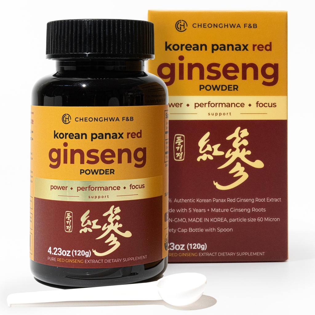 CHEONGHWA F & B Panax Ginseng Powder, 10% Ginsenozyd (Razem 20,000mg, 4 Miesiące Zaopatrzenia), 4.23oz, + 5 Roczny koreański czerwony Panax Ginseng, Focus & Immune Support, Ultra- fine Powder, Non-GMO