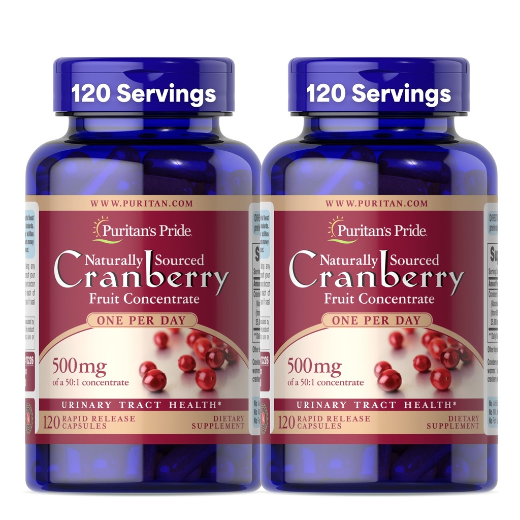 Puritan 's Pride Natural Sourced Cranberry One per Day Fruit Concentrat 500mg, 50: 1 Dietetyczny suplement do wspomagania trakcji moczu, 4 Supply Month, 120 Rapid Release kapsułki, 2 Pack