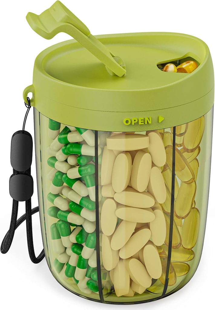PULIV duża butelka butelka organizator, suplement organizator do przechowywania 6 Różne witaminy, Pill Box Case z antymieszania i szeroki projekt otwierania, Łatwy do pobrania Meds i 20 szt Stick- na etykietach, zielony