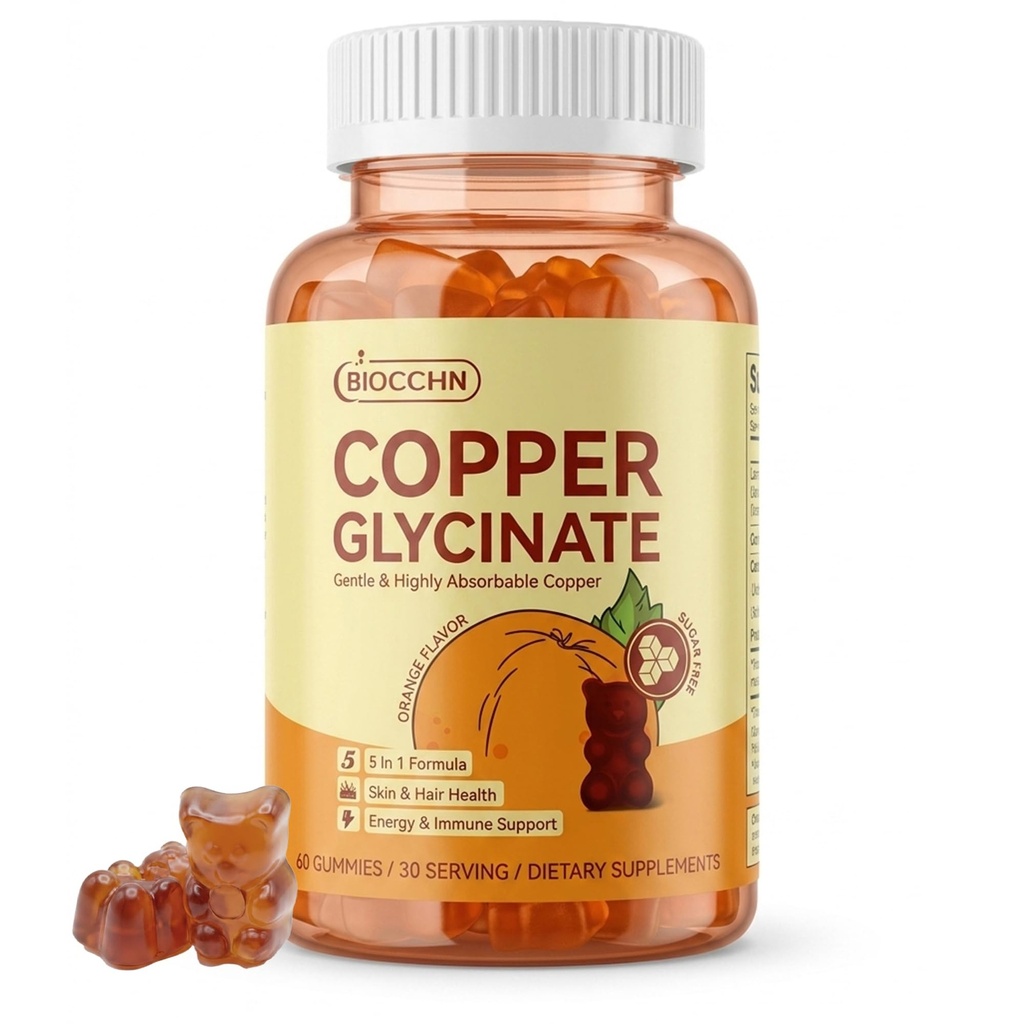 Copper Supplements Gummies, Skin & Hair Health, 2mg Chelated Copper Glycinate for Women, Red Blood Cell, Energy & Immune Support, Sugar-Free, Vegan, 60 Gummies