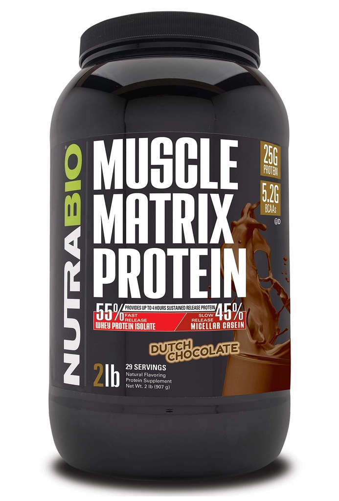 NutraBio Muscle Matrix Protein Powder - 25g protein Per Scoop - Izolat serwatkowy i Micellar Casein Combo do szybkiego i wolnego uwalniania - Czekolada holenderska - 2 funty, 28 Służenie