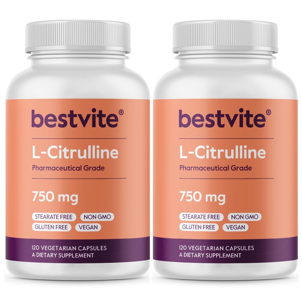 BESTVITE L- Citrulline 750mg na kapsułkę (240 kapsułki wegetariańskie) (120 x 2) - Brak stearynianów - No Silica - No Fillers - Non GMO - Gluten Free - Vegan