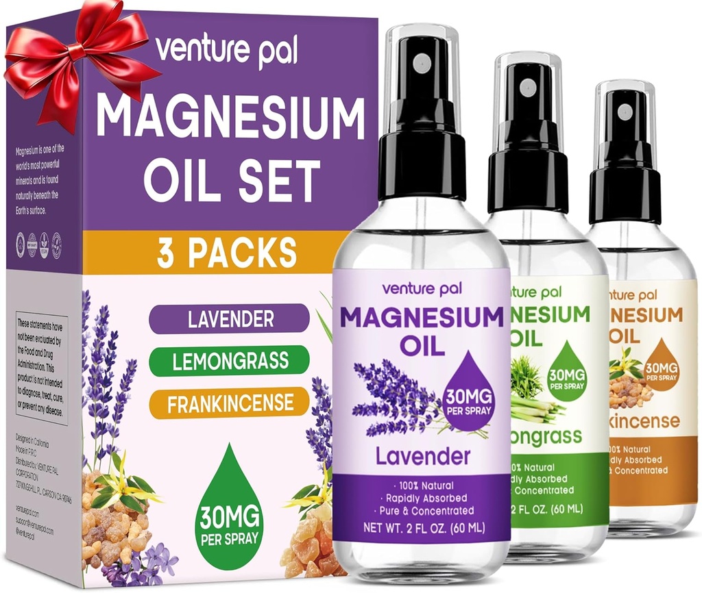 Venture Pal 3- Pack Topical Magnezu Oil Spray Set for Feet - Idealny prezent dla relaksacji, Lepszy sen, Ulga w mięśniach dla nóg i łączników, Zdrowe włosy i skóry. Szybkie wchłanianie, brak tłuszczów