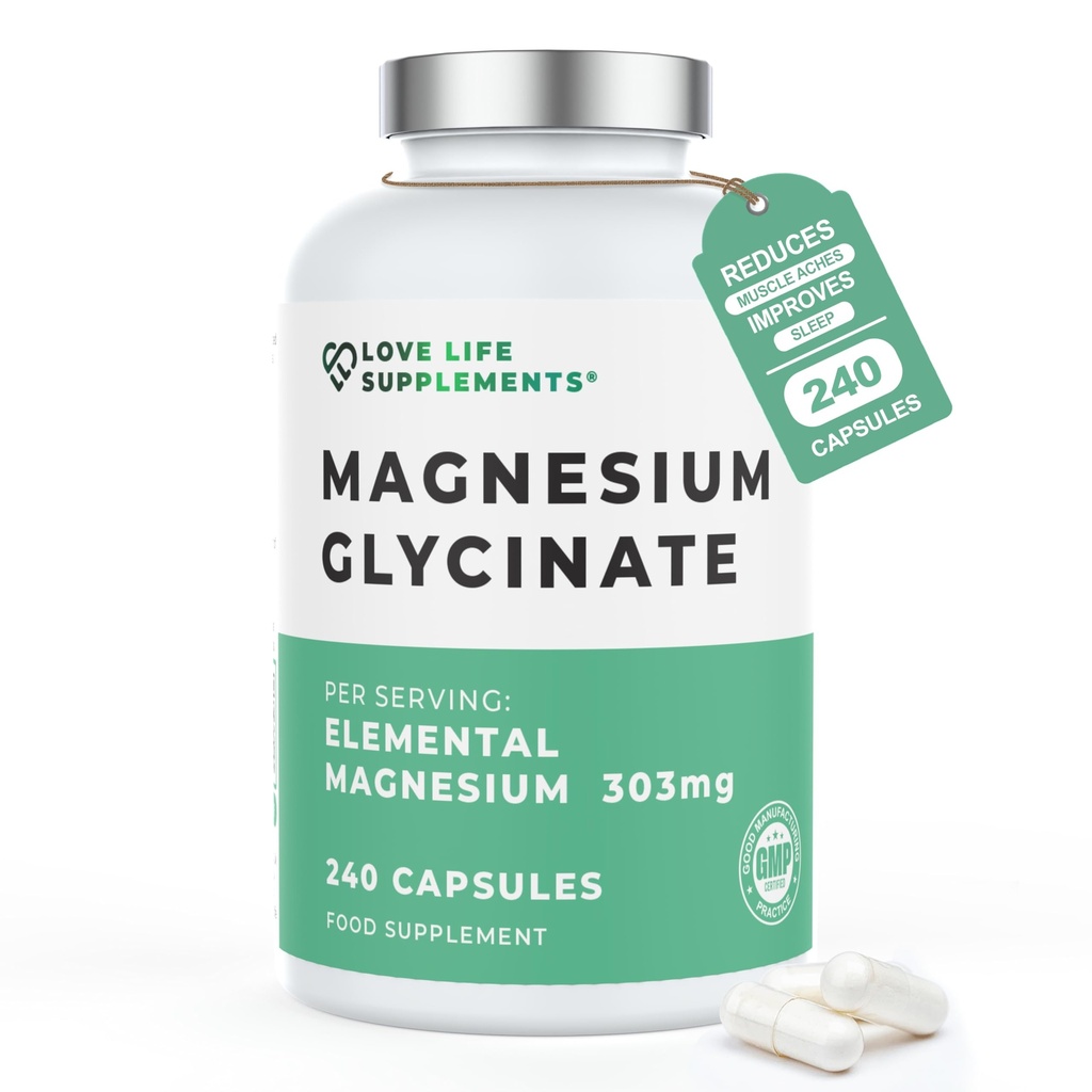Glicynian magnezu (bisglicynat) 124; Chelatowany suplementy magnezu 124; 2750mg (303mg magnezu) 124; 240 Kapsułki / 60 Słupki 124; Wysoko Biodostępne 124; Made in UK - GMP Certified 124; Love Life Supplements
