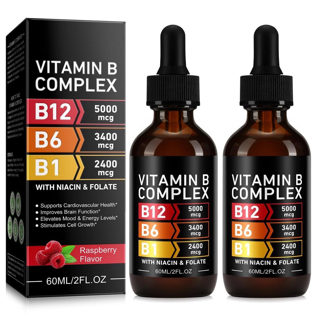 Organic Vitamin B Complex Drops for Men & Women | Vitamin B12 Methylcobalamin, B6, B1, B9 for Metabolic Health Support | Immune Support, Non-GMO, Gluten Free - 2 Month Supply 60ML - 2Pcs