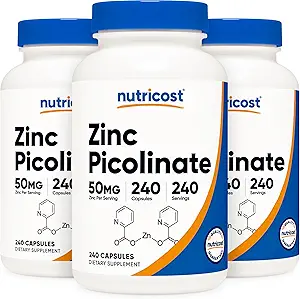 Nutricost Pikolinian cynku 50mg, 240 Kapsułki wegetariańskie (3 butelki) - Gluten Free i Non-GMO