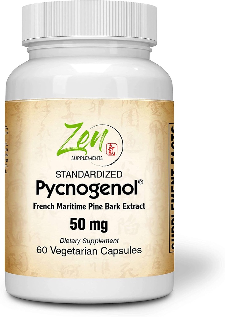 Zen Supplements Pycnogenol 50mg - Standaryzowany francuski wyciąg z kory sosnowej dla przeciwutleniacza i wsparcia zapalnego - Non-GMO, Gluten & Soy Free 60- Vegecaps