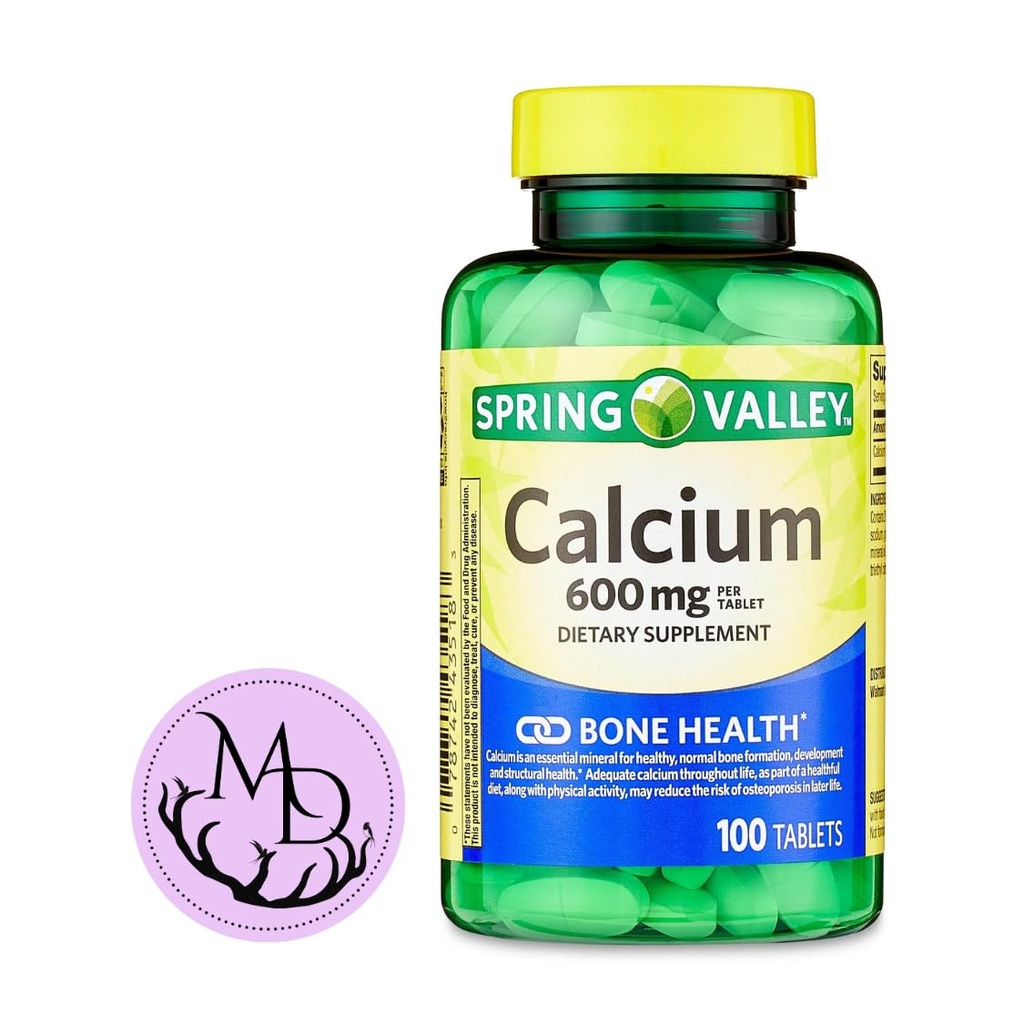Generic Spring Valley Wapń 600 mg, Suplement diety, Bone Health Wapń + Zawiera nalepek do sklepu Dri (100)